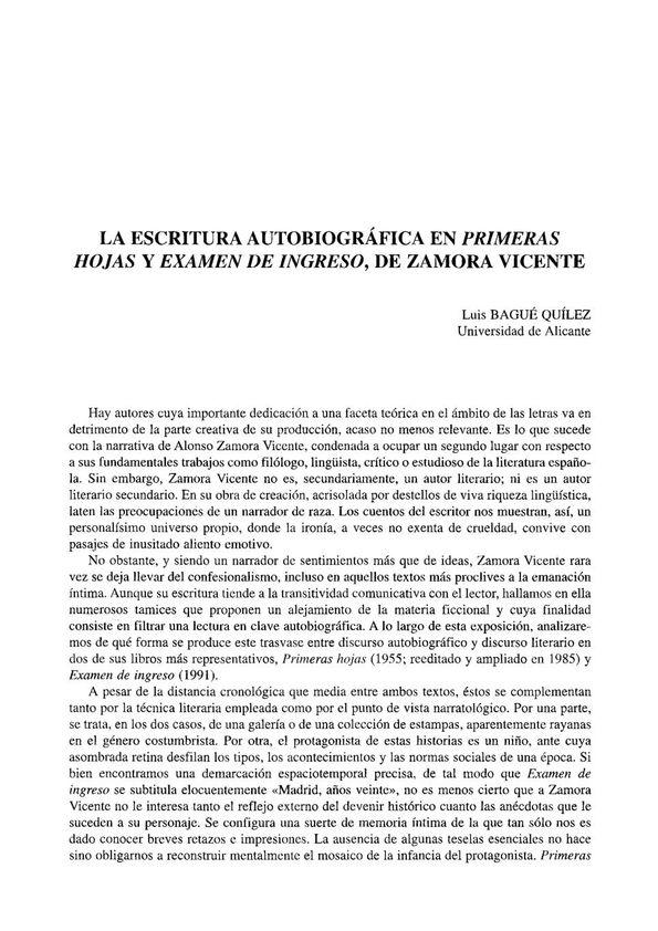 La escritura autobiográfica en "Primeras hojas" y "Examen de ingreso", de Zamora Vicente / Luis Bagué Quílez | Biblioteca Virtual Miguel de Cervantes