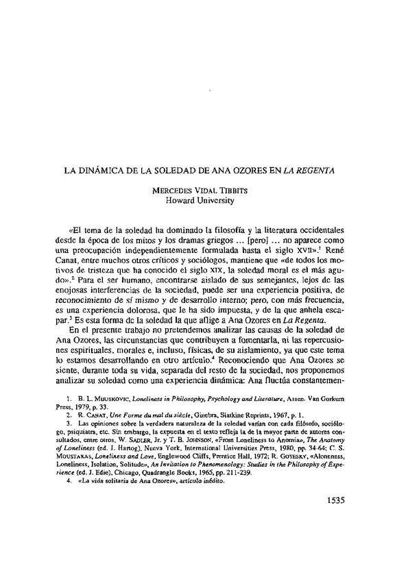 La dinámica de la soledad de Ana Ozores en "La Regenta" / Mercedes Vidal Tibbits | Biblioteca Virtual Miguel de Cervantes