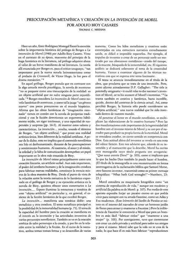 Preocupación metafísica y creación en "La invención de Morel" por Adolfo Bioy Casares  / Thomas C. Meehan | Biblioteca Virtual Miguel de Cervantes