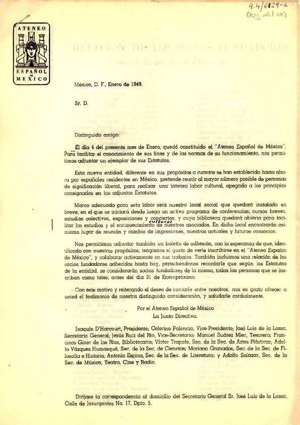 Carta del Ateneo Español de México a Calos Esplá. México, enero de 1949 |  Biblioteca Virtual