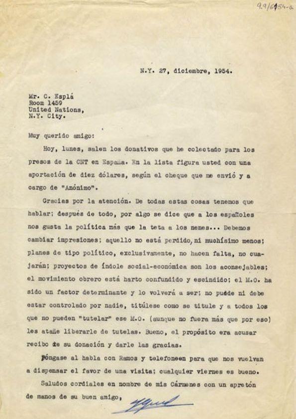 Carta de la CNT a Carlos Esplá. New York, 27 de diciembre de 1954 | Biblioteca Virtual Miguel de Cervantes