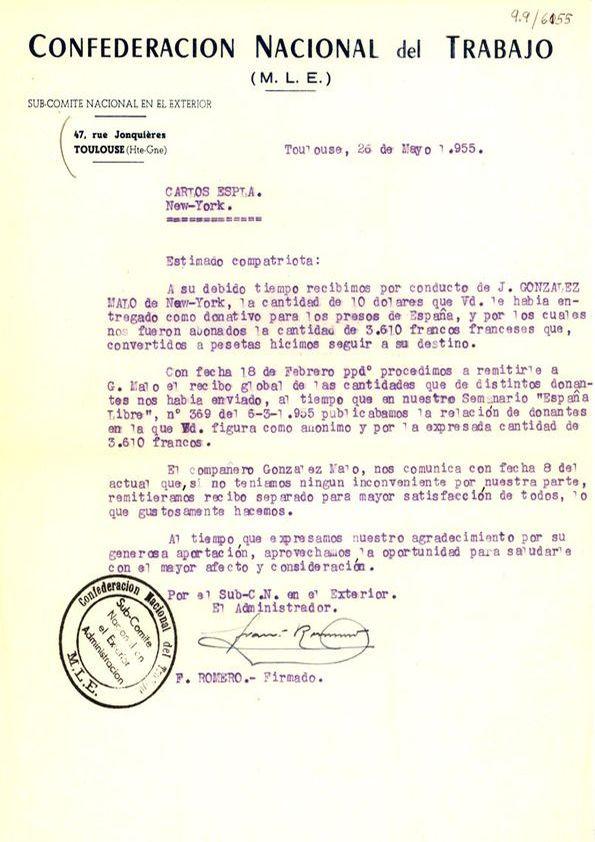 Carta de Francisco Romero, administrador del Sub-Comité en el Exterior del M.L.E. a Carlos Esplá. Toulouse, 26 de mayo 1955 | Biblioteca Virtual Miguel de Cervantes