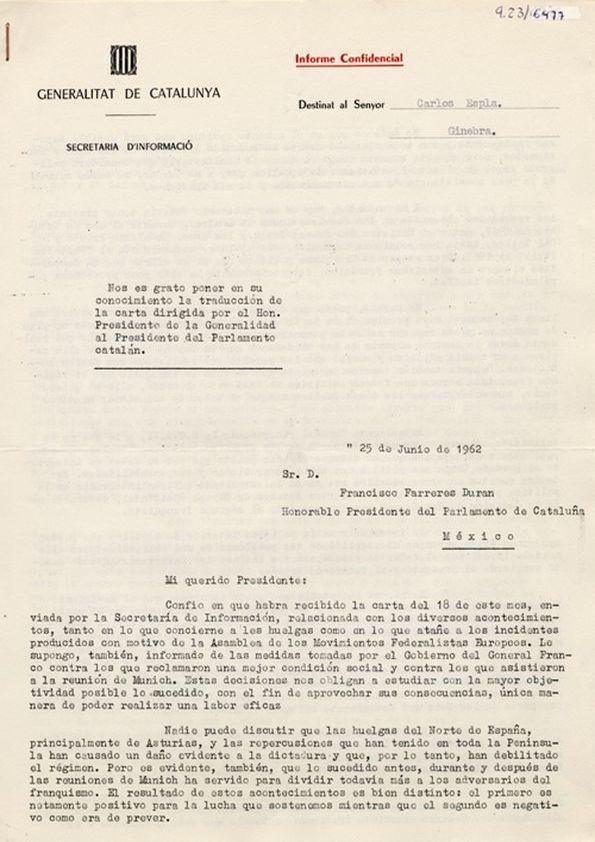 Informe confidencial de Josep Tarradellas a Carlos Esplá. 25 de junio de 1962 | Biblioteca Virtual Miguel de Cervantes