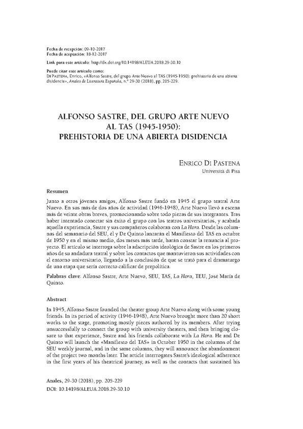 Alfonso Sastre, del grupo Arte Nuevo al TAS (1945-1950): prehistoria de una abierta disidencia / Enrico di Pastena | Biblioteca Virtual Miguel de Cervantes