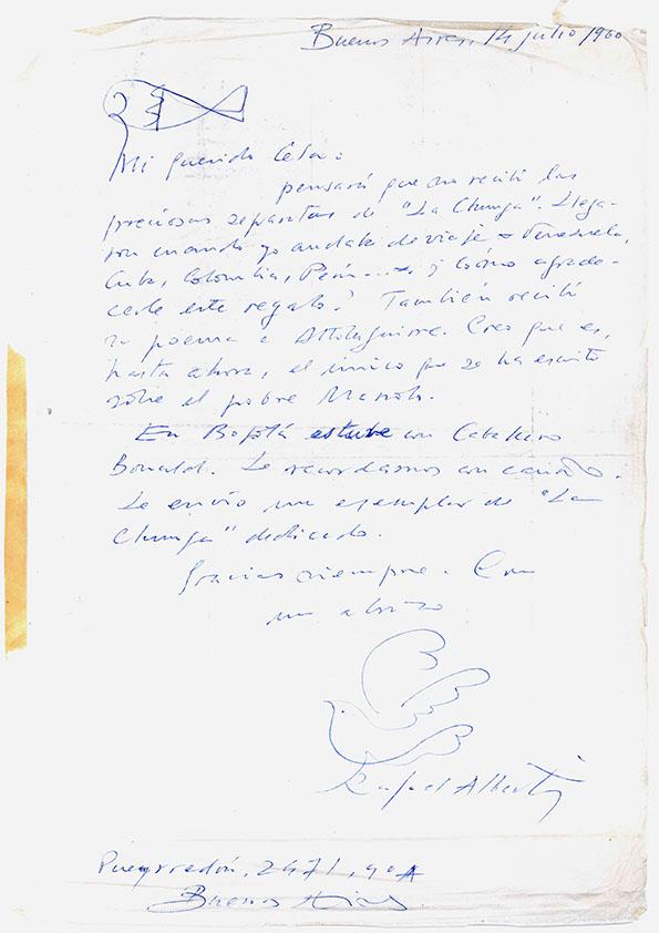 Carta de Rafael Alberti a Camilo José Cela. Buenos Aires, 14 de julio de 1959
 | Biblioteca Virtual Miguel de Cervantes