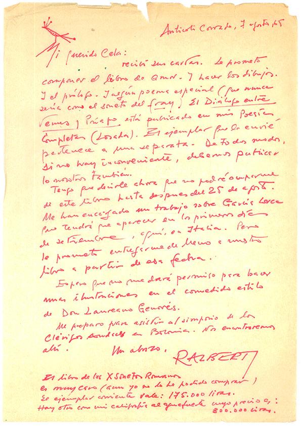 Carta de Rafael Alberti a Camilo José Cela. Anticoli Corrado, 7 de agosto de 1965
 | Biblioteca Virtual Miguel de Cervantes