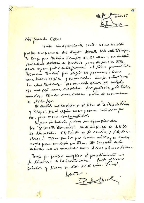 Carta de Rafael Alberti a Camilo José Cela. Roma, 16 de octubre de 1965
 | Biblioteca Virtual Miguel de Cervantes