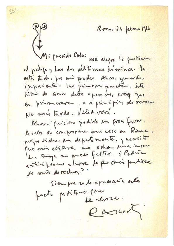 Carta de Rafael Alberti a Camilo José Cela. Roma, 24 de febrero de 1966
 | Biblioteca Virtual Miguel de Cervantes