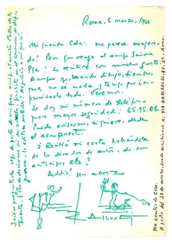 Carta de Rafael Alberti a Camilo José Cela. Roma, 5 de marzo de 1966
 | Biblioteca Virtual Miguel de Cervantes