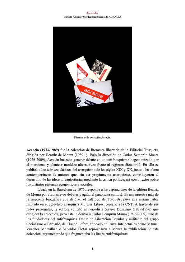 Acracia [colección de literatura libertaria de la Editorial Tusquets] (1973-1989) [Semblanza] / Carlota Álvarez-Maylín  | Biblioteca Virtual Miguel de Cervantes