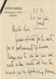 Tarjeta manuscrita de Alicia (Academia Marshall) a Luis Galve. 1959-06-08 | Biblioteca Virtual Miguel de Cervantes