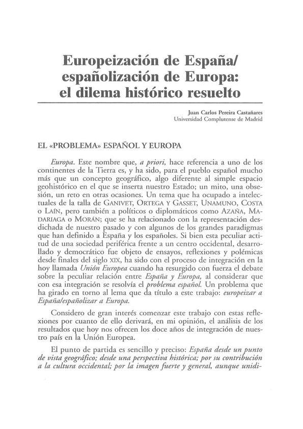 Europeización de España-españolización de Europa: el dilema histórico resuelto / Juan Carlos Pereira Castañares | Biblioteca Virtual Miguel de Cervantes