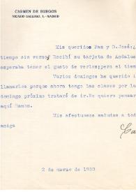 Más información sobre Carta de Carmen de Burgos a José Ruiz Castillo. Madrid, 2 de marzo de 1930