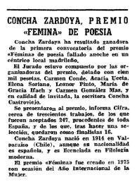 Conca Zardoya. Premio "Fémina" de poesía, 1975 ["ABC"] | Biblioteca Virtual Miguel de Cervantes